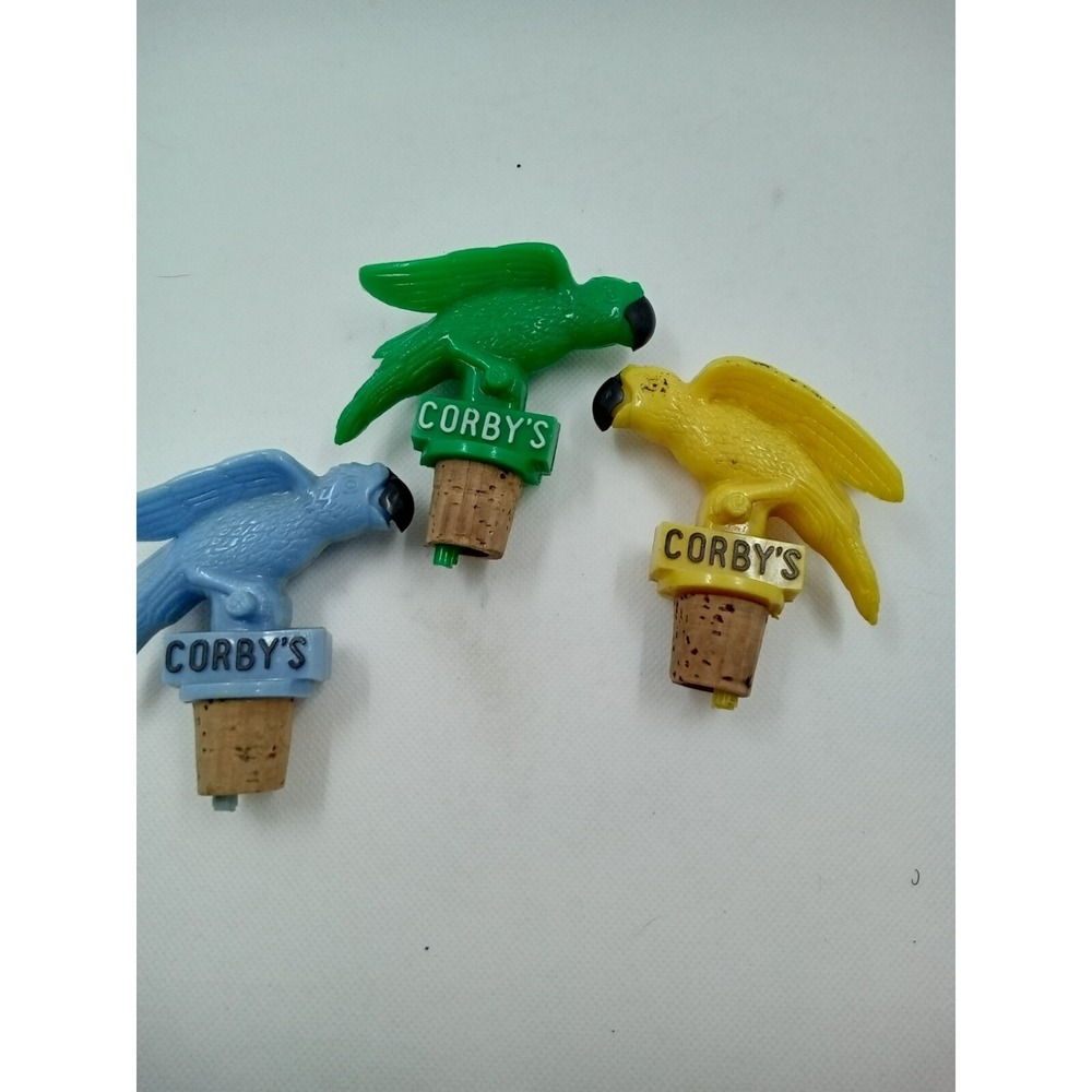 3 Corby's Whiskey‎ Cork Pours Parrots, Blue one may have been repaired.